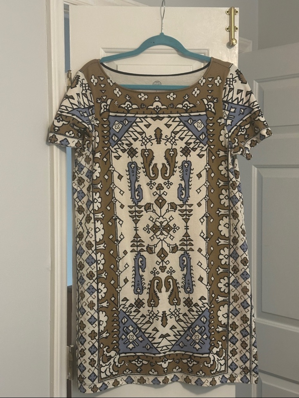 Tory Burch Tan, Cream & Blue Printed Shift Dress